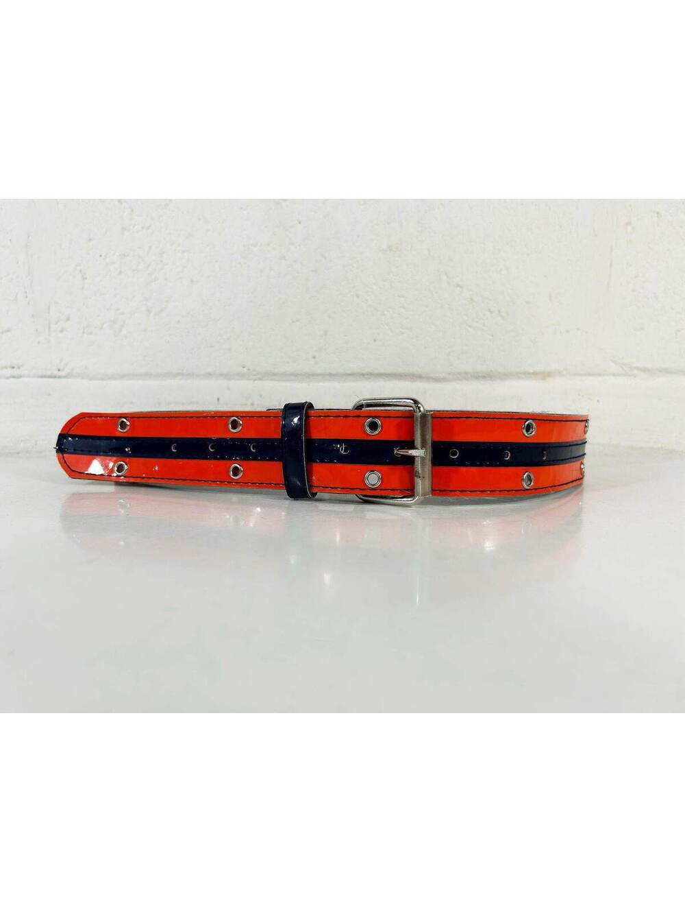 Mod Striped Belt Patent Faux Leather Orange Navy Blue Metal Buckle 1960s 1970s